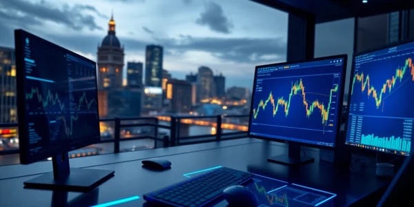 Cryptocurrency Trading News London features traders analyzing digital coins on a high-tech screen