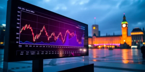 Cryptocurrency Trading News London features dynamic charts and London skyline for financial insights